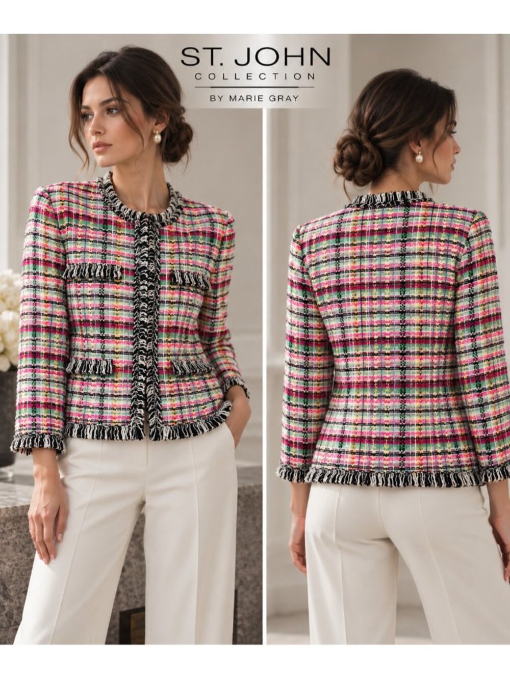 St. John Collection Women's Multicolor Plaid Fringe Knit Jacket Size 8